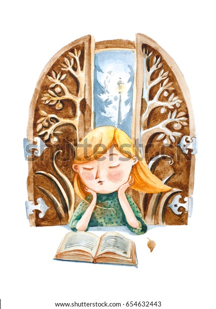 白い背景に水彩イラスト 本を持つ女の子は 読んでいる本の中で童話の話を夢見ている のイラスト素材