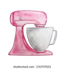 
Watercolor Illustration Of A Kitchen Pink Mixer With A Cup