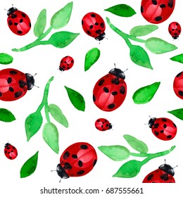 Watercolor Illustration Of Lady Bugs Pattern With Green Forest Leaves Branches Isolated On White Background