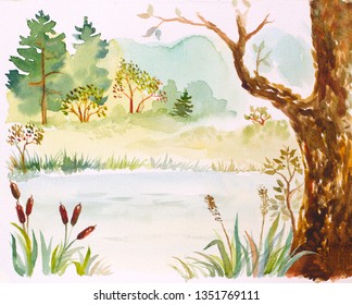 Watercolor Illustration With A Lake, Reeds, Trees And Bushes