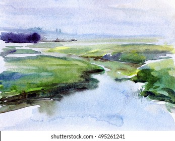 Watercolor Illustration Landscape With River And Green Hills