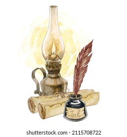 Watercolor illustration of lantern, feather pen and inkwell, old scrolls isolated on white background. Collection of hand drawn illustrations. Vintage clip art element for design cards, posters.