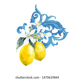 Watercolor Illustration Of Lemon And Lemon Flower, Blue Baroque Ornament