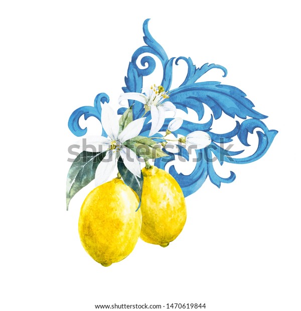 レモンとレモンの花の水彩イラスト 青のバロックの装飾 のイラスト素材