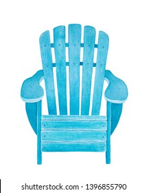 Watercolor Illustration Of Light Blue Wooden Deckchair. Symbol Of Summer Vacation, Sunbathing, Seaside Resort. Hand Drawn Watercolour Graphic Painting On White Background, Cutout Element For Design.