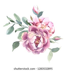 Watercolor illustration of light pink flowers and green leaves. Bouquet of peony and blosom flowers on white background. Floral element for wedding and invitation cards, for valentine cards and prints