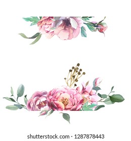 Watercolor illustration of light pink flowers and green leaves. A frame of peony and blosom flowers isolate in white background. Floral element for wedding and invitation cards, for valentine