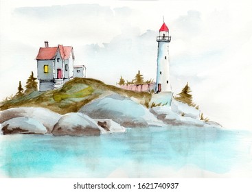   Watercolor illustration of 
a lighthouse and a house on a small 
island with some trees and blue sea