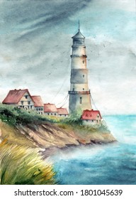 Watercolor illustration of a lighthouse on the hill above the sea with some houses and trees
