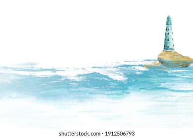 Watercolor illustration of a lighthouse standing on a rock in the sea or ocean among the waves.