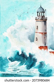 Watercolor illustration of a lighthouse in a stormy blue sea, with crashing waves, white sea foam and splashing water
