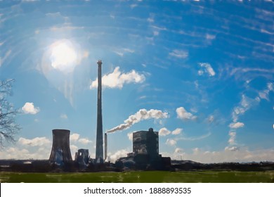 Watercolor Illustration: Lignite Power Plant Behind A Green Field In Brilliant Sunshine