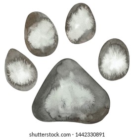 Watercolor Illustration Of Lion Paw Print In Grey Colors Isolated On White Background. Footprint.