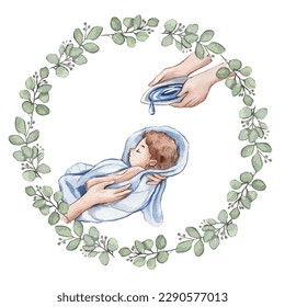 Watercolor Illustration of a Little baby Going Through a Catholic Baptism. Christening, church. Design for invitation, cards - Powered by Shutterstock