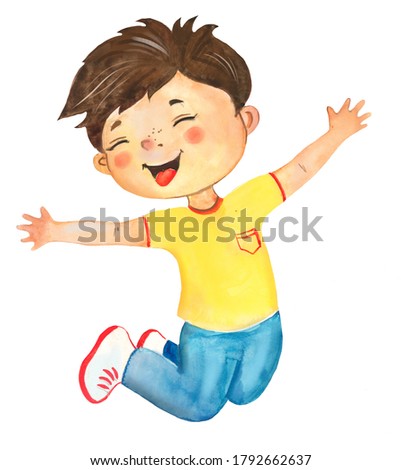 Watercolor illustration of a little cheerful jumping boy, drawing, cartoon, childish