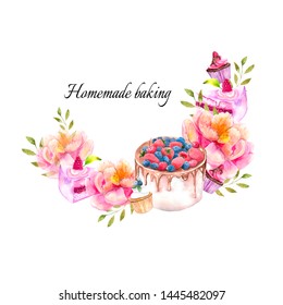 Watercolor Illustration. Logo Design For The Pastry Chef. Cakes With Color Peony. Template For Logo, Card, Business Card, Invitation, Etc.