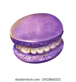 Watercolor Illustration of Macaron with White Filling. French dessert, purple in color with cream filling. Perfect for culinary-thread designs, dessert menu, decorating a baker's signage. - Powered by Shutterstock