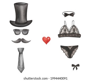 Watercolor Illustration With Man And Woman: Hand Painted Long Gentleman Hat, Moustaches, Tie, Sunglasses, Panties, Bra, Bow Tie. Clip Art For Greeting Design Card, Wedding Invitation, Love Postcard