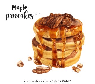 Watercolor illustration of maple pancakes dessert close up. Design template for packaging, menu, postcards. - Powered by Shutterstock