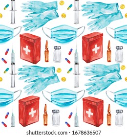 Watercolor illustration of medical first aid kit including gloves, face mask medicines and injection preventing virus spread - Powered by Shutterstock