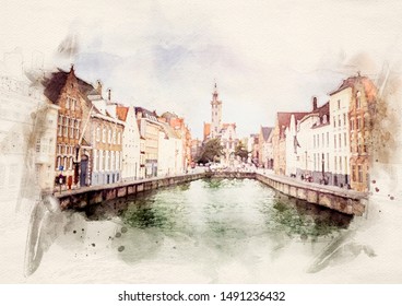 Aquarelle-Illustration der mittelalterlichen Altstadt von Brügge, Belgien