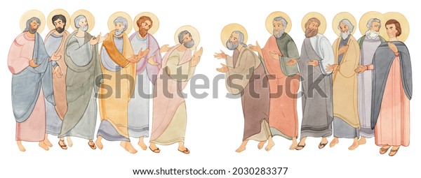 Watercolor illustration of the meeting of holy\
people, the apostles. For the design of publications, Bible\
magazines,\
articles
