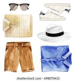Watercolor illustration of men summer classy fashion clothes and accessories set isolated on white background