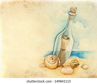 Watercolor illustration of message in a bottle  - Powered by Shutterstock