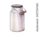 Watercolor illustration metal can for milk. Container painted in watercolor isolated on white background. Farm jug for organic food. hand drawn sketch vintage white aluminum jar. Packaging design.