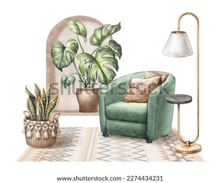 watercolor illustration. Modern cozy home interior with green armchair and tropical plants. Relaxing lounge zone. Room isolated on white background