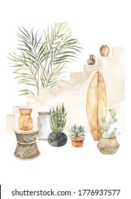 Watercolor illustration modern interior and stairs  home plants pots   surf board  Tropical vibe  Cactus  succulent Home decor pre  made composition  Perfect for posters  prints  magazine
