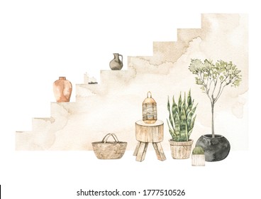 Watercolor illustration modern interior and stairs  home plants pots  vases   basket  Tropical vibe  Cactus  succulent Home decor pre  made composition  Perfect for posters  prints  magazine
