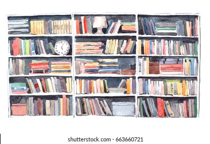 Watercolor Illustration. Modern Library Room With A Lot Of Color Books