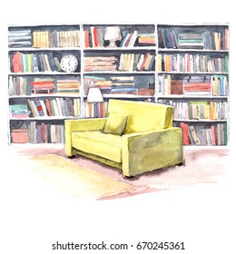 Watercolor Illustration. Modern Library Room With An Armchair And A Lot Of Color Books