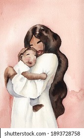 Watercolor Illustration.  Mom And Child, Woman And Girl, No Face, Terracotta Color, African American.  Design For Postcards, Fabrics, Clothes, Wrapping Paper, Print, Mother's Day