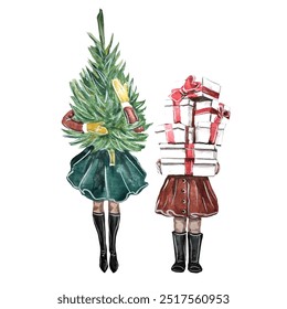 Watercolor Illustration of a Mother and Daughter holding Gifts isolated on a white background. Xmas Hand drawing. Postcard - Powered by Shutterstock