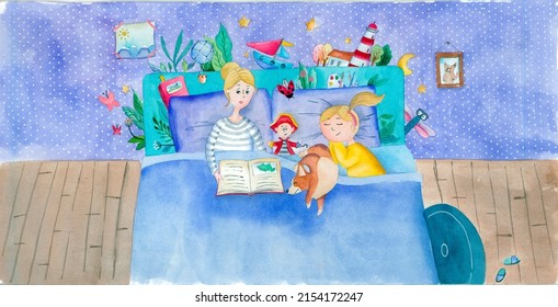 Watercolor Illustration Of A Mother Reading Bedtime Story To Her Daughter