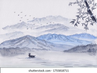 Watercolor Illustration with mountains, river & fisherman boat. Asian serene landscape with bamboo. Oriental style painting with layers of rocks & birds. Concept for restore meditation background.