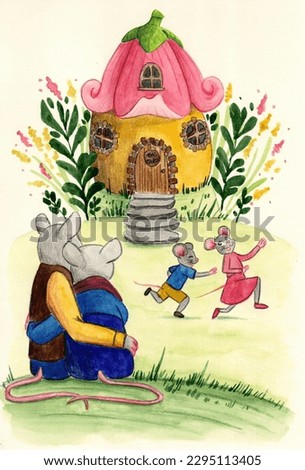 Watercolor illustration mouse family happiness laughter parents children play catch-up run small house flowers lawn clearing comfort