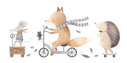 Watercolor Illustration. A Mouse In A Wooden Car, A Fox On A Bicycle, A Hedgehog On A Skateboard. Animal Friends Go On An Adventure. Watercolor Set. Baby Postcard.