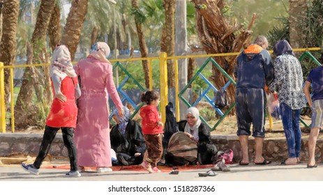 watercolor illustration: Muslim families take a rest at the back of the beach of Aqaba, middle east - Powered by Shutterstock