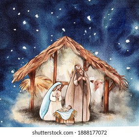 watercolor illustration   Nativity scene  Joseph  Mary   baby Jesus  in the starry sky   christmas card