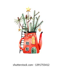 Watercolor Illustration Of New Year's House Kettle With Green Branches. Christmas House, An Illustration For Postcards, Magnet And Other Souvenirs.