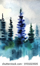 watercolor illustration, northern coniferous forest