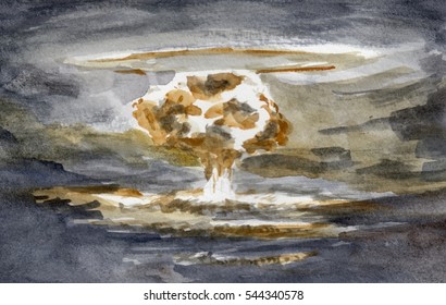 Watercolor illustration of nuclear bomb