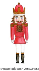 Watercolor illustration of a nutcracker in a red uniform. Drawing on a white background.