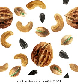 Watercolor illustration of nuts pattern set such as cashew, pistachio, sunflower seed and walnut isolated on white background.