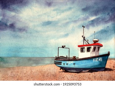 Watercolor illustration of an old blue boat on a sandy beach with blue skies and with the sea on the background
