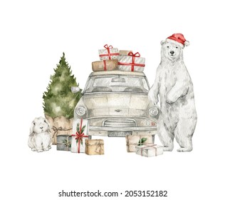 Watercolor illustration with old little car, wild arctic animals, Christmas Tree, present boxes. Polar bear, white rabbit. Christmas aesthetic, cozy winter scene