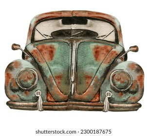 Watercolor illustration of old rusty green car. An old rusty enamel element. Hand drawn in watercolor on a white background. Perfect for wedding invitation, greetings card, posters, party decor.
